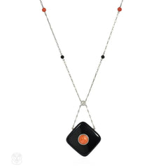 Art Deco onyx, coral, and diamond pendant necklace
