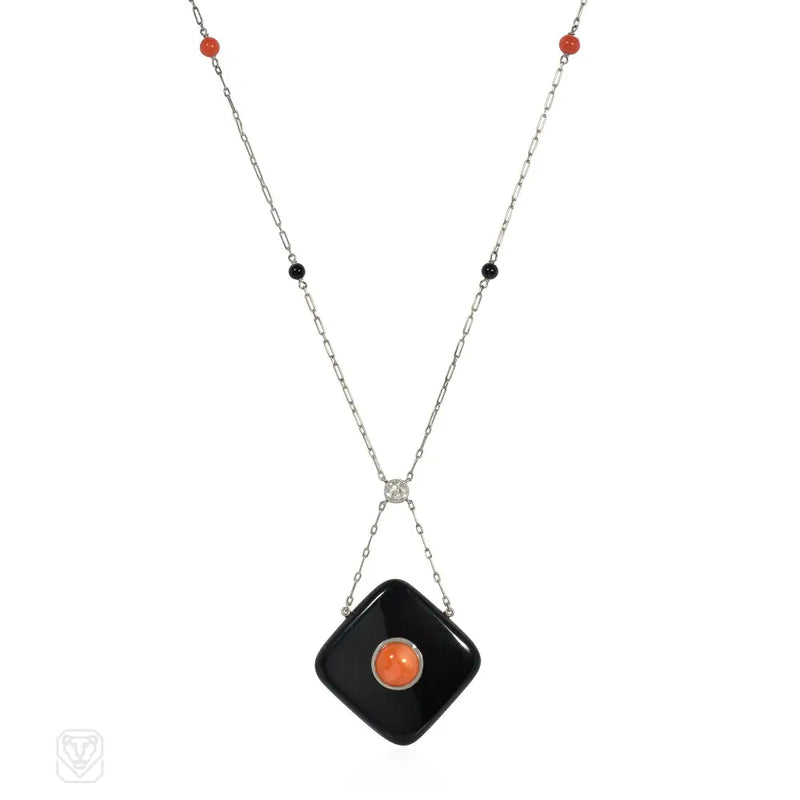 Art Deco Onyx Coral And Diamond Pendant Necklace