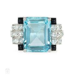 Art Deco onyx, diamond and aquamarine ring