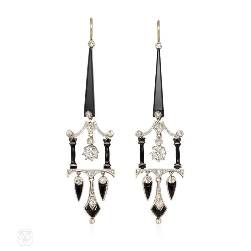 Art Deco Onyx Diamond And Enamel Earrings