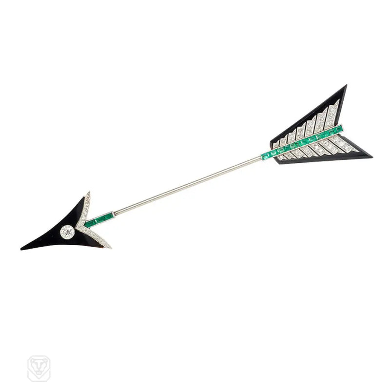 Art Deco Onyx Diamond Emerald Arrow Jabot Brooch