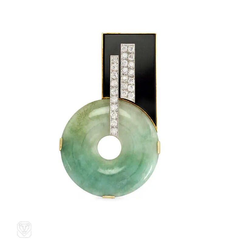 Art Deco Onyx Jade And Diamond Brooch