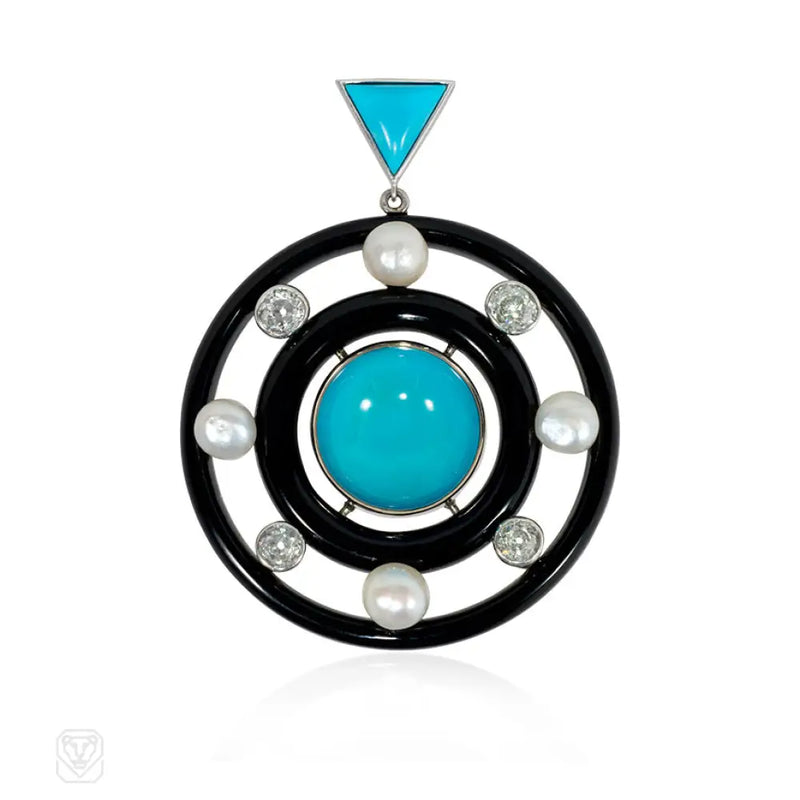 Art Deco Onyx Turquoise Diamond And Pearl Pendant