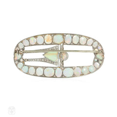 Art Deco opal and diamond buckle brooch