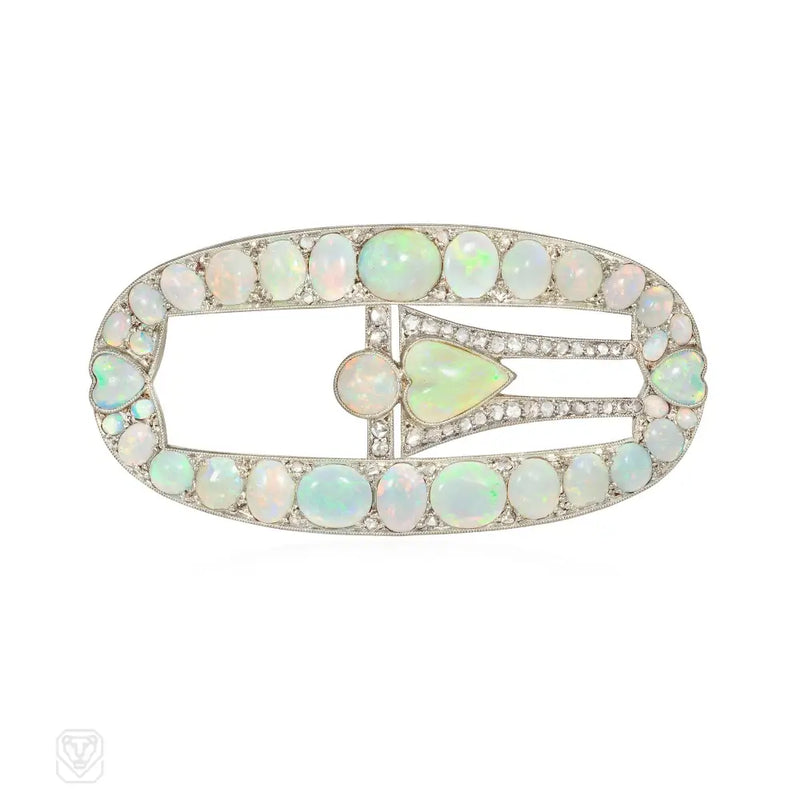 Art Deco opal and diamond buckle brooch