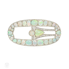 Art Deco opal and diamond buckle brooch