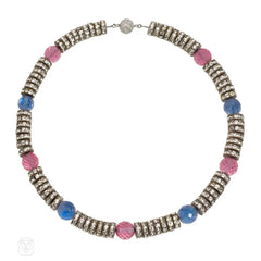 Art Deco paste and blue and pink glass necklace