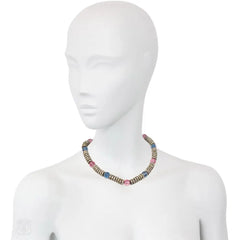 Art Deco paste and blue and pink glass necklace