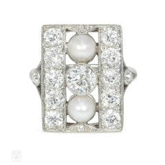 Art Deco pearl and diamond rectangular plaque ring