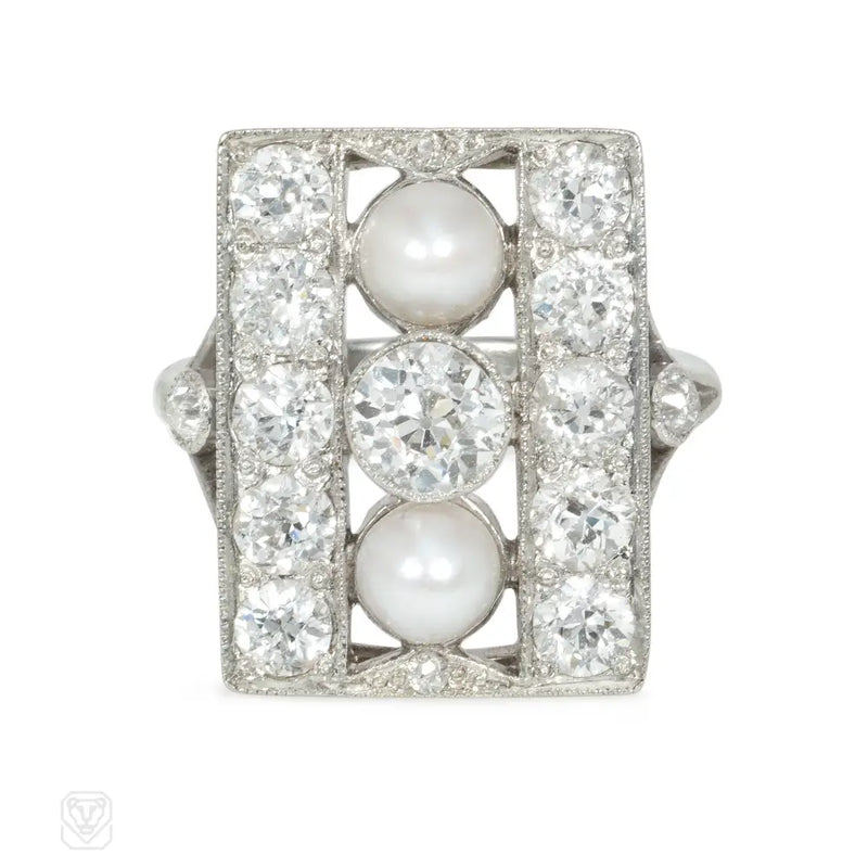 Art Deco Pearl And Diamond Rectangular Plaque Ring