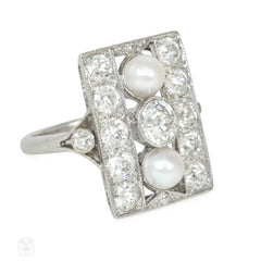 Art Deco pearl and diamond rectangular plaque ring