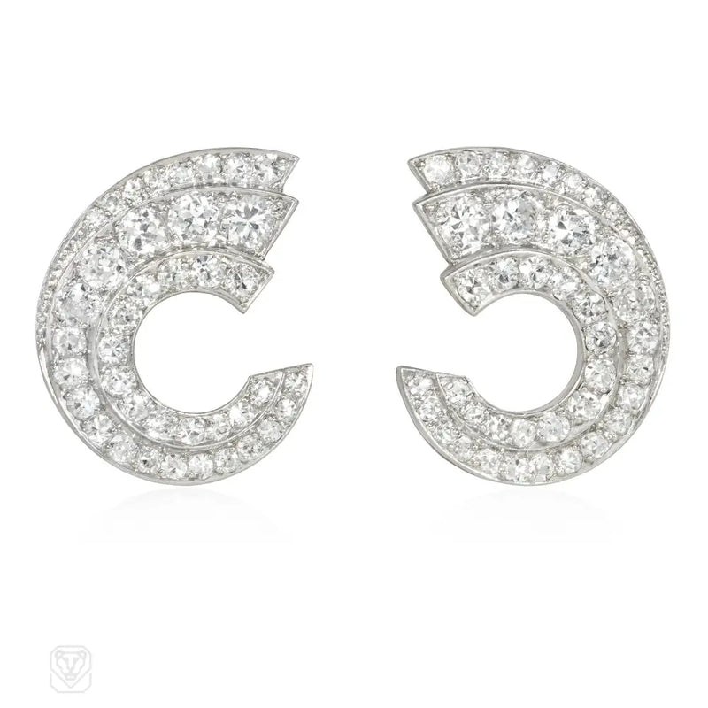 Art Deco Platinum And Diamond Scroll Earrings