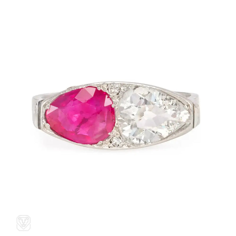 Art Deco Ruby And Diamond Navette - Shaped Ring