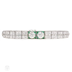 Art Deco tapered diamond and emerald bracelet