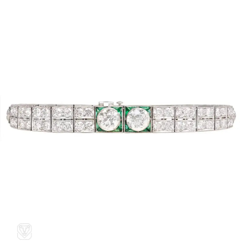 Art Deco Tapered Diamond And Emerald Bracelet