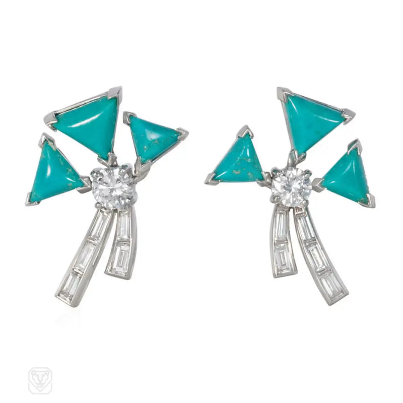 Art Deco Turquoise And Diamond Bow Motif Earrings