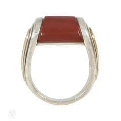 Art Moderne style carnelian, gold, silver ring, Puiforcat