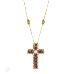 Art Nouveau amethyst and pearl cross with chain