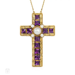 Art Nouveau amethyst and pearl cross with chain