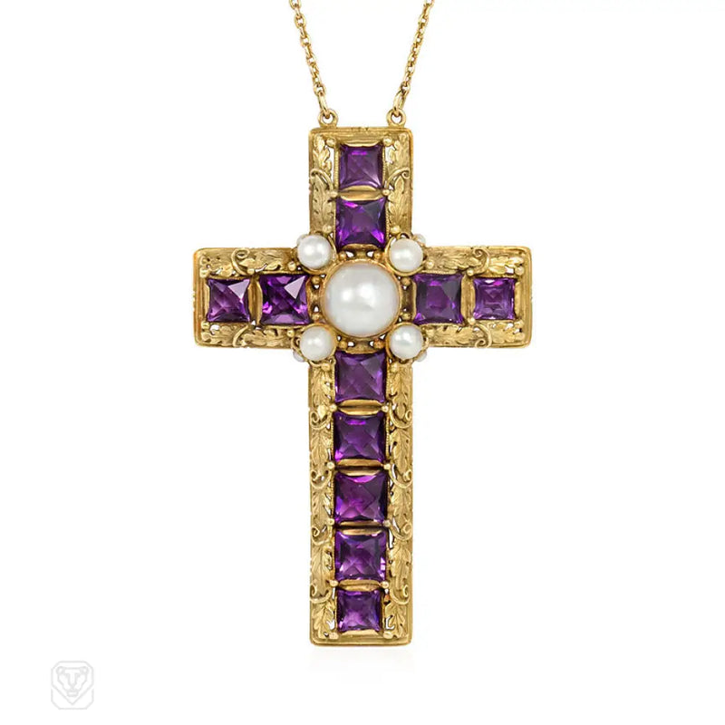 Art Nouveau Amethyst And Pearl Cross With Chain