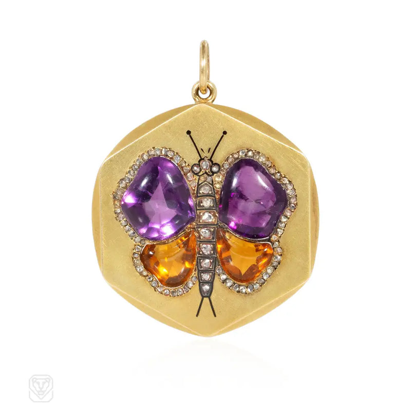 Art Nouveau amethyst citrine and diamond butterfly pendant