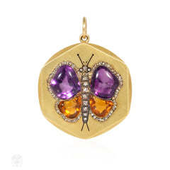 Art Nouveau amethyst, citrine, and diamond butterfly pendant