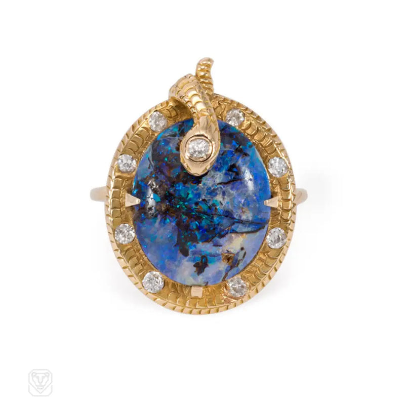 Art Nouveau Gold Opal And Diamond Snake Ring