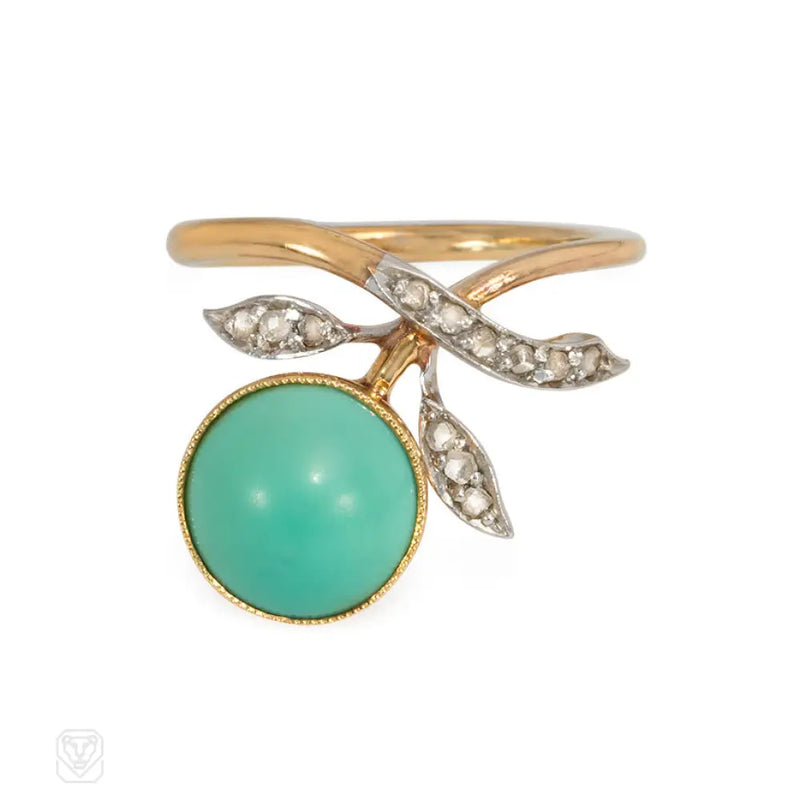 Art Nouveau Turquoise And Diamond Floral Motif Ring