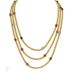 Austrian gold and multi-gem cabochon longuard chain necklace