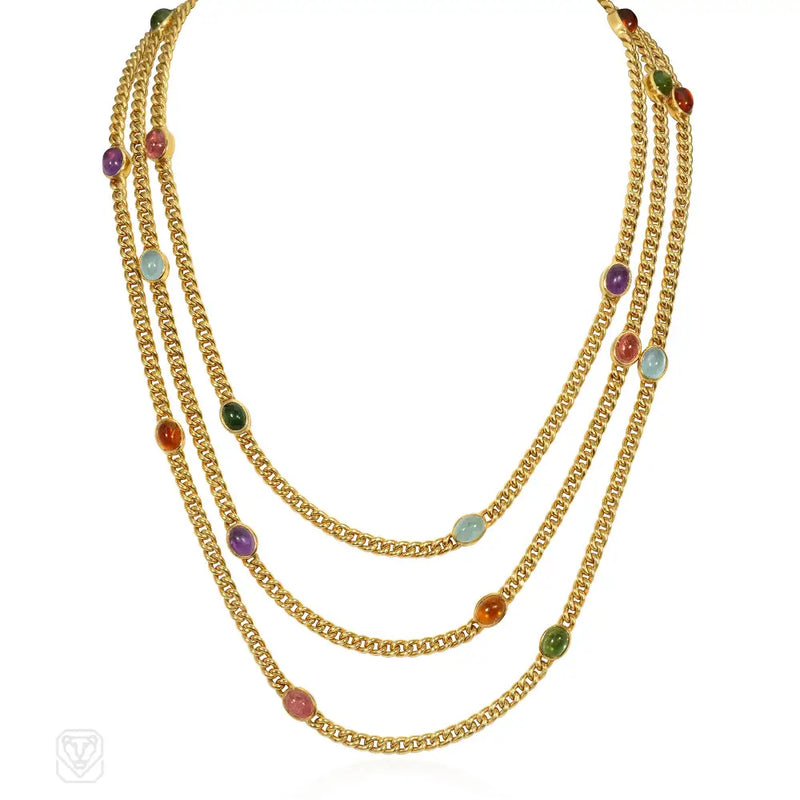 Austrian gold and multi-gem cabochon longuard chain necklace Fine necklaces