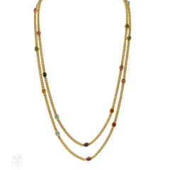 Austrian gold and multi-gem cabochon longuard chain necklace