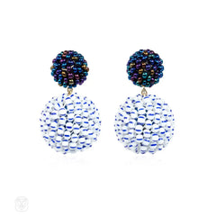 Blackberry and white/blue-striped glass beaded earrings