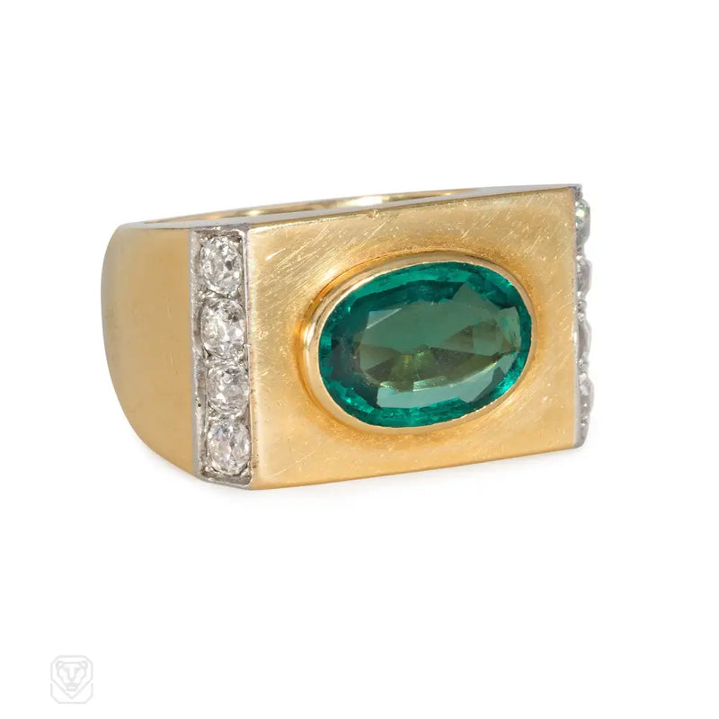 Boivin 1940S Gold Emerald And Diamond Plaque Ring