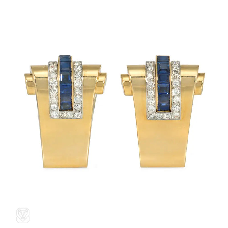 Boucheron Retro Sapphire Diamond And Gold Dress Clips