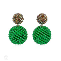 Brown-green luster and green white heart glass beaded earrings