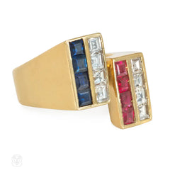 Cartier 1970s geometric ruby, sapphire, and diamond ring