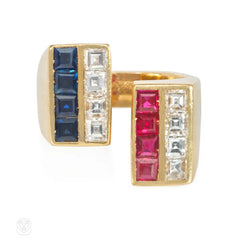 Cartier 1970s geometric ruby, sapphire, and diamond ring