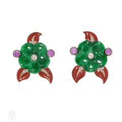 Cartier Art Deco jade, amethyst, diamond, and enamel flower earrings