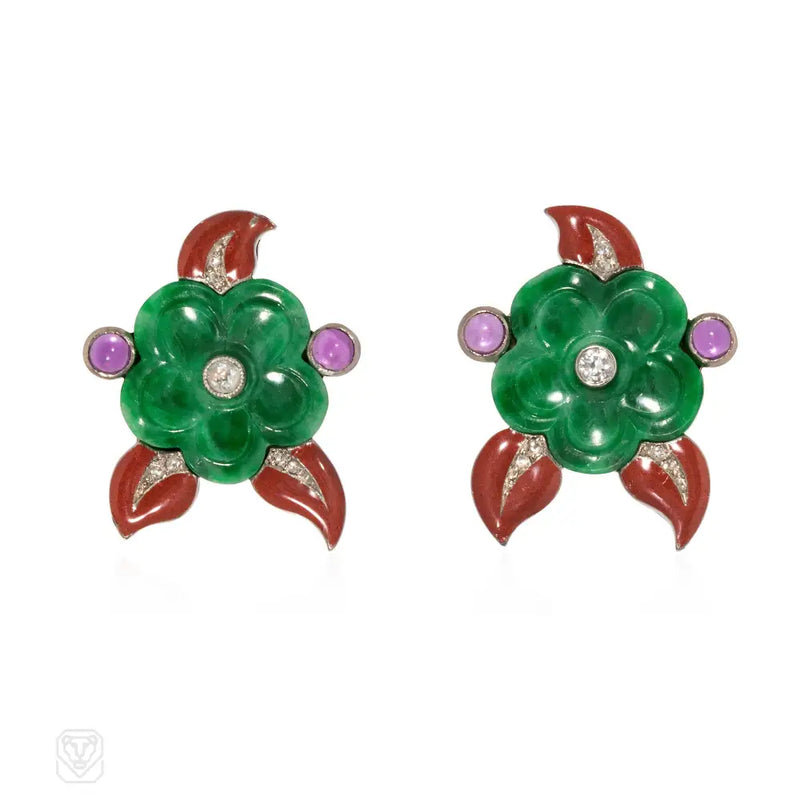 Cartier Art Deco Jade Amethyst Diamond And Enamel Flower Earrings