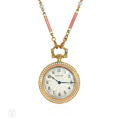 Cartier Paris Belle Epoque pink enamel pendant watch necklace