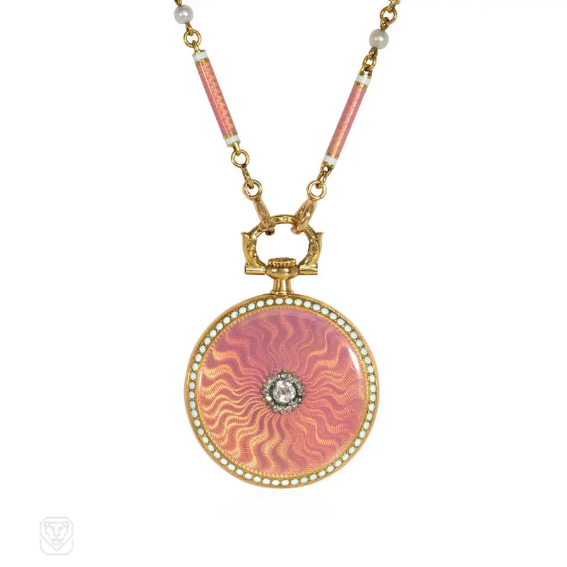 Cartier Paris Belle Epoque Pink Enamel Pendant Watch Necklace