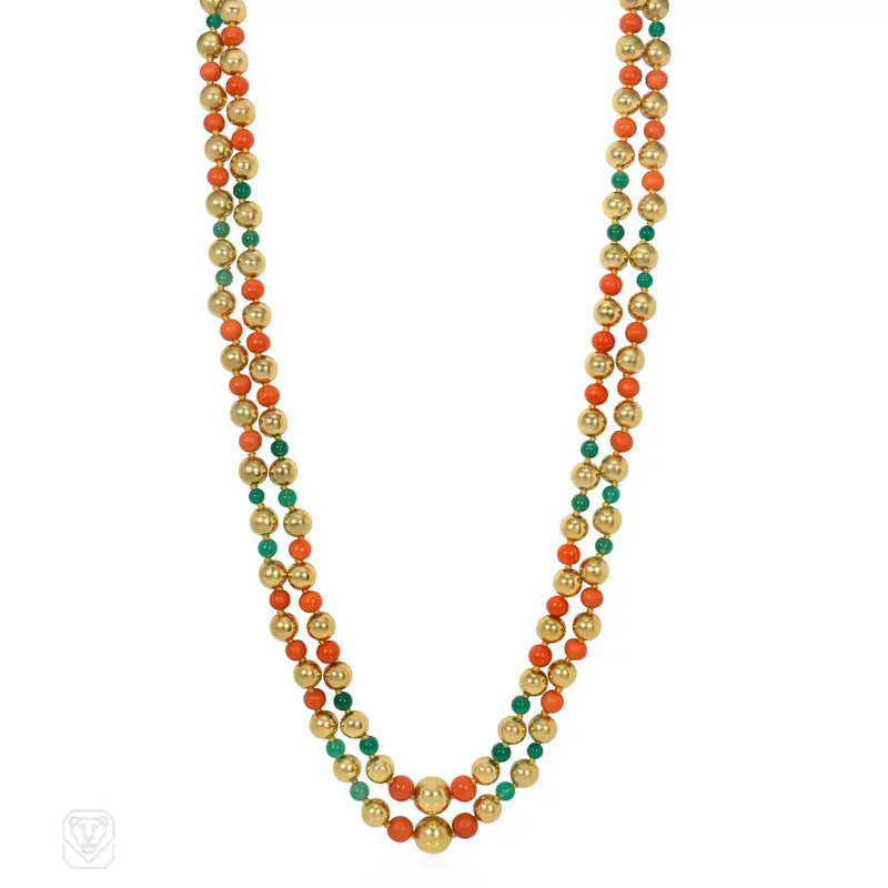 Cartier Paris coral gold and chrysoprase necklaces