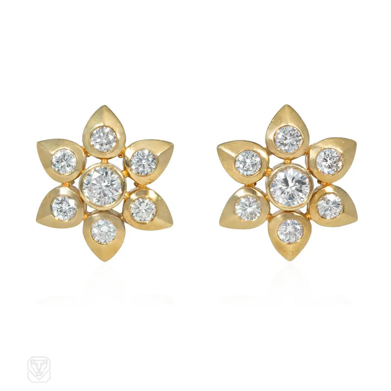 Cartier Paris Gold And Diamond Flower Earrings