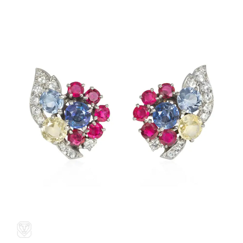 Cartier Retro Sapphire And Diamond Flower Earrings