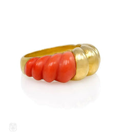 Carved coral and gold ring