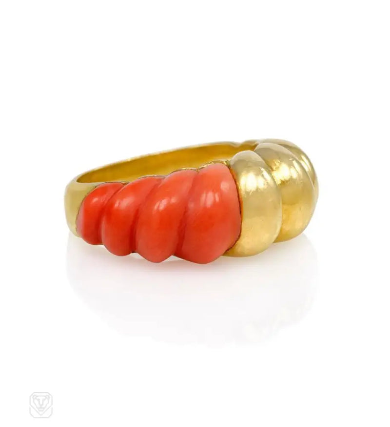 Carved Coral And Gold Ring