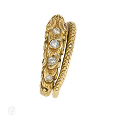 Carved gold and diamond snake ring