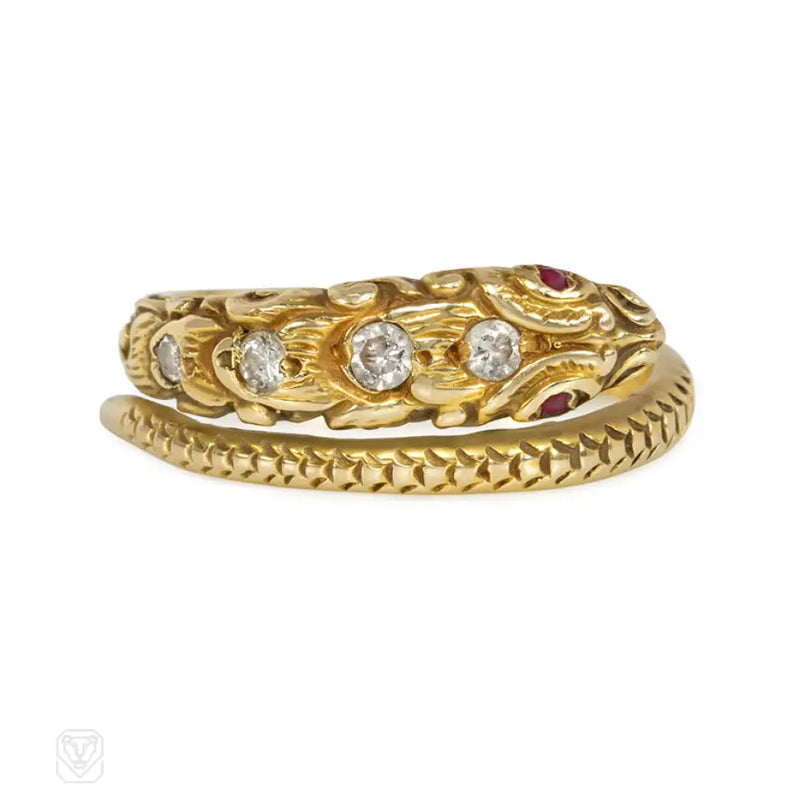 Carved Gold And Diamond Snake Ring