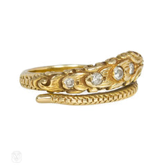 Carved gold and diamond snake ring