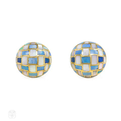 Checkered opal and mother-of-pearl button earrings, Angela Cummings